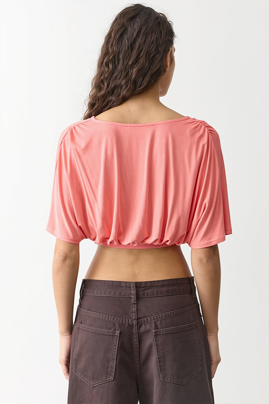 Deep V Ruched Batwing Cropped Blouse