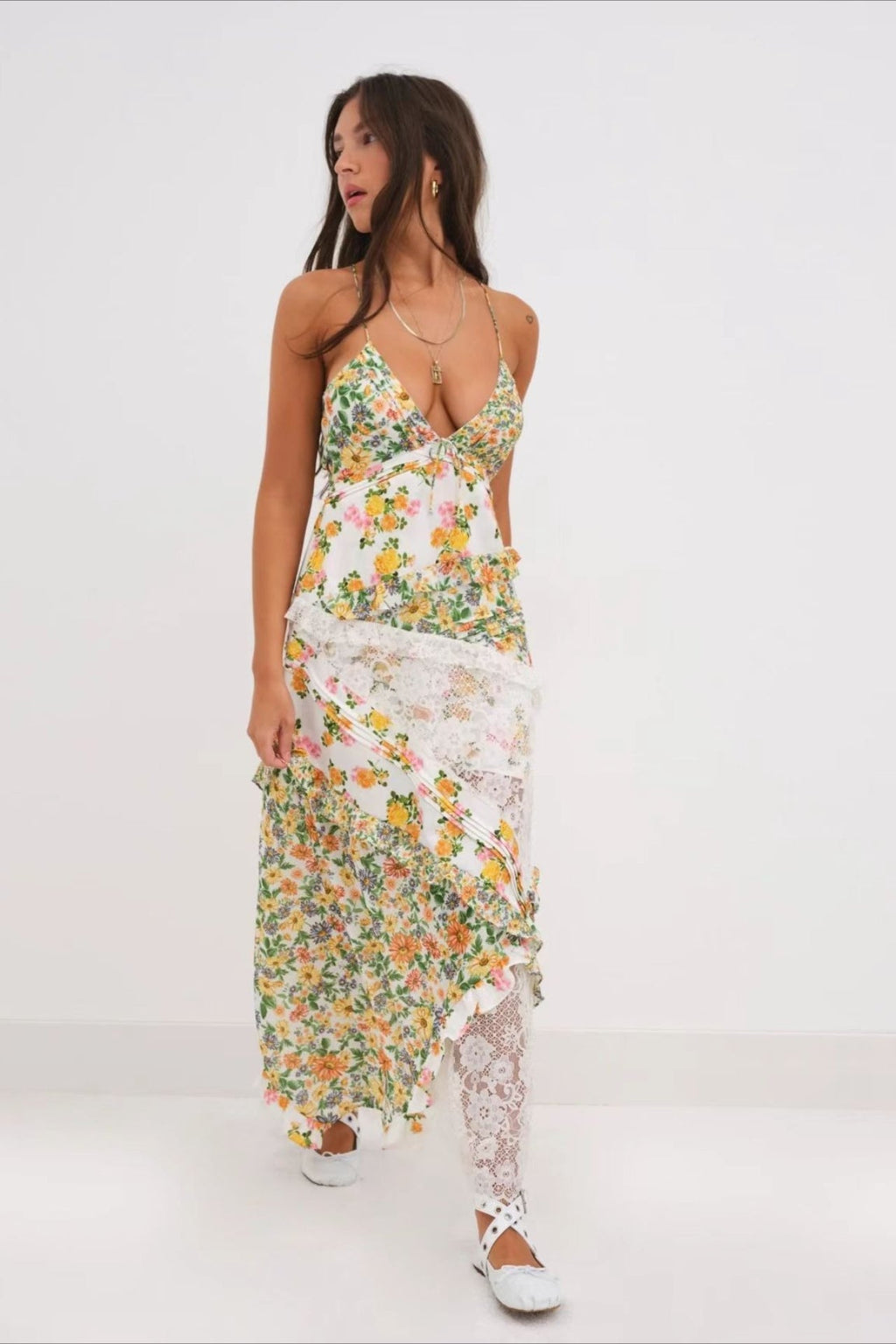 Deep V Ruffle Floral Lace Patchwork Cami Maxi Dress