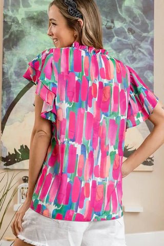 abstract rose ruffle sleeve v neck blouse