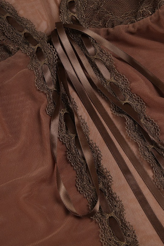 Sheer Mesh Lace Waist Tie Blouse