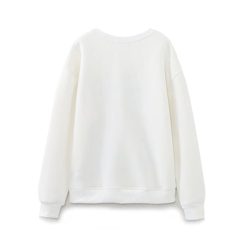 Suéter holgado de algodón con estampado bordado para niña, color blanco otoñal 