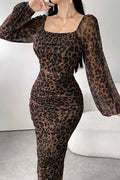 Ruffled Leopard Mesh Long Sleeve Maxi Dress