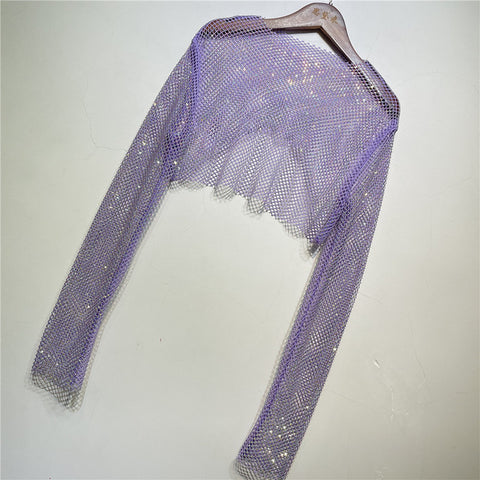 Taruxy Sparkly Crystal T-shirts Women O-Neck Hollow Out Sexy See Through Tank Tops Night Partywear Crop Shirts Tee Y2K Tops 2022