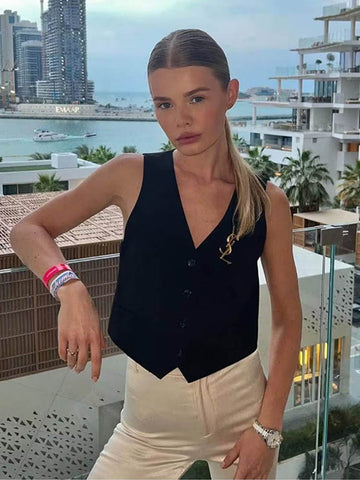 Chaleco corto sin mangas de un solo pecho, informal, a la moda, con cuello en V y bolsillos, ropa de calle sencilla de verano 2024 para mujer 