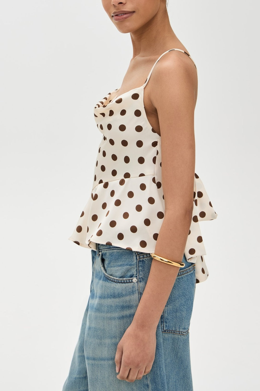 Ruffle Draped Neck Polka Dot Tie Back Cami Top