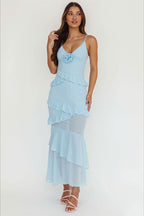 Flowy Solid Ruffle Slim Cami Maxi Dress