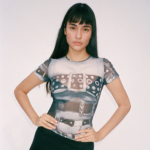 Camiseta gráfica de verano Y2K 2000S, moda urbana para mujer, tops cortos con estampado de malla 