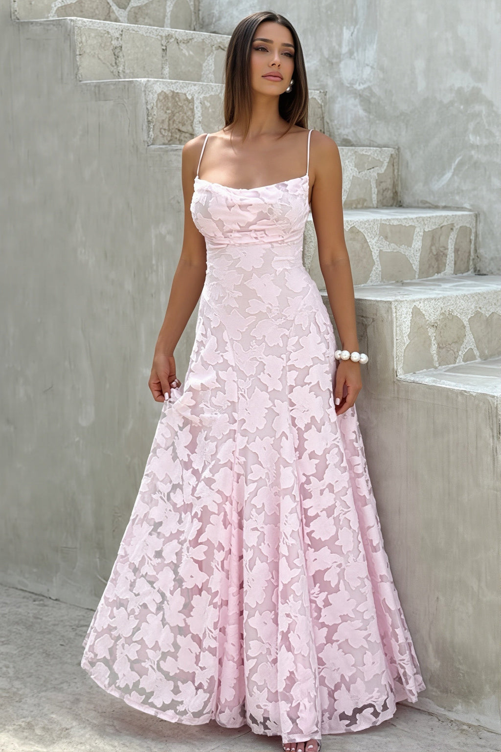Chiffon Jacquard Backless Cami Maxi Dress