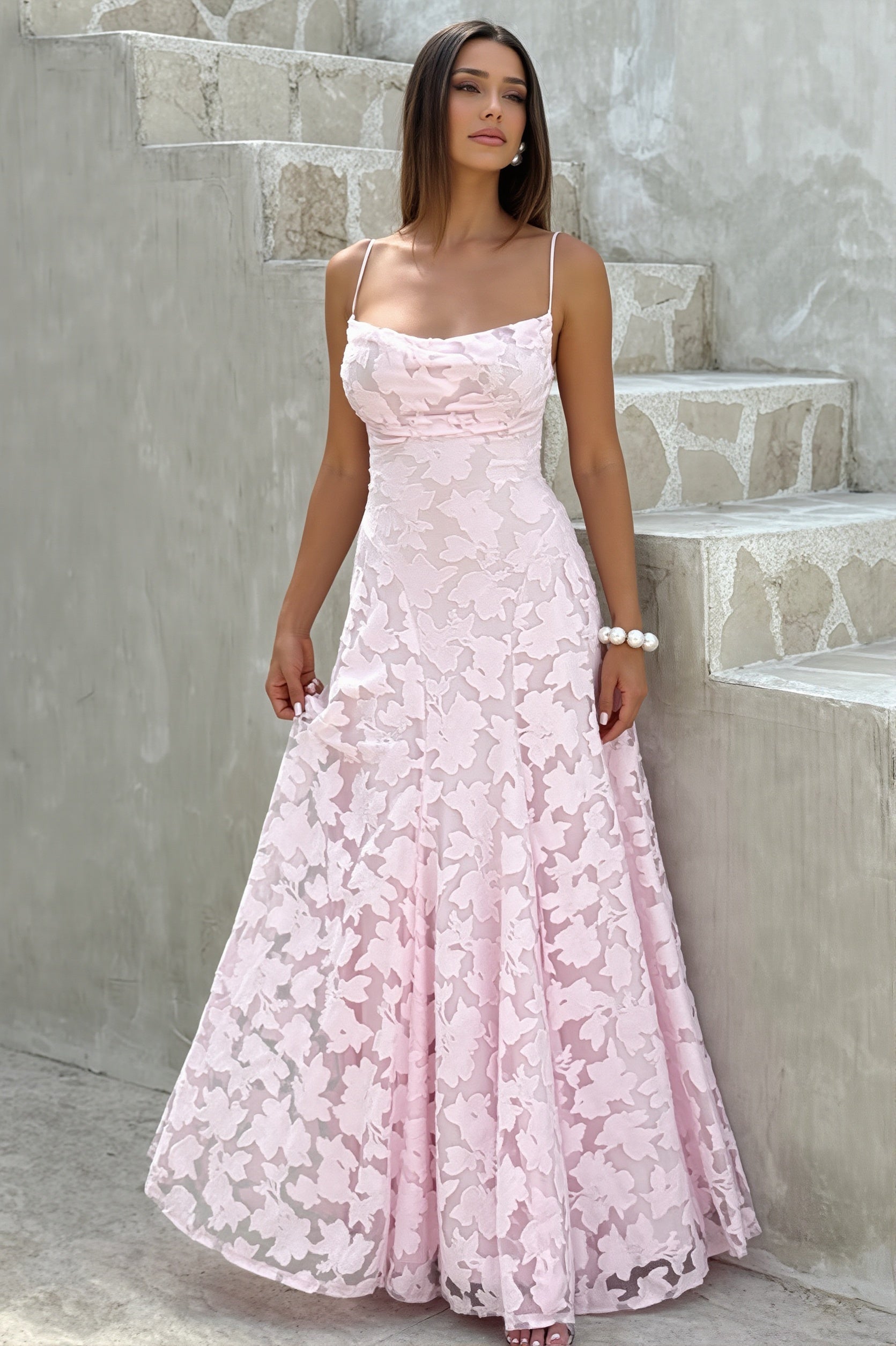 Chiffon Jacquard Backless Cami Maxi Dress