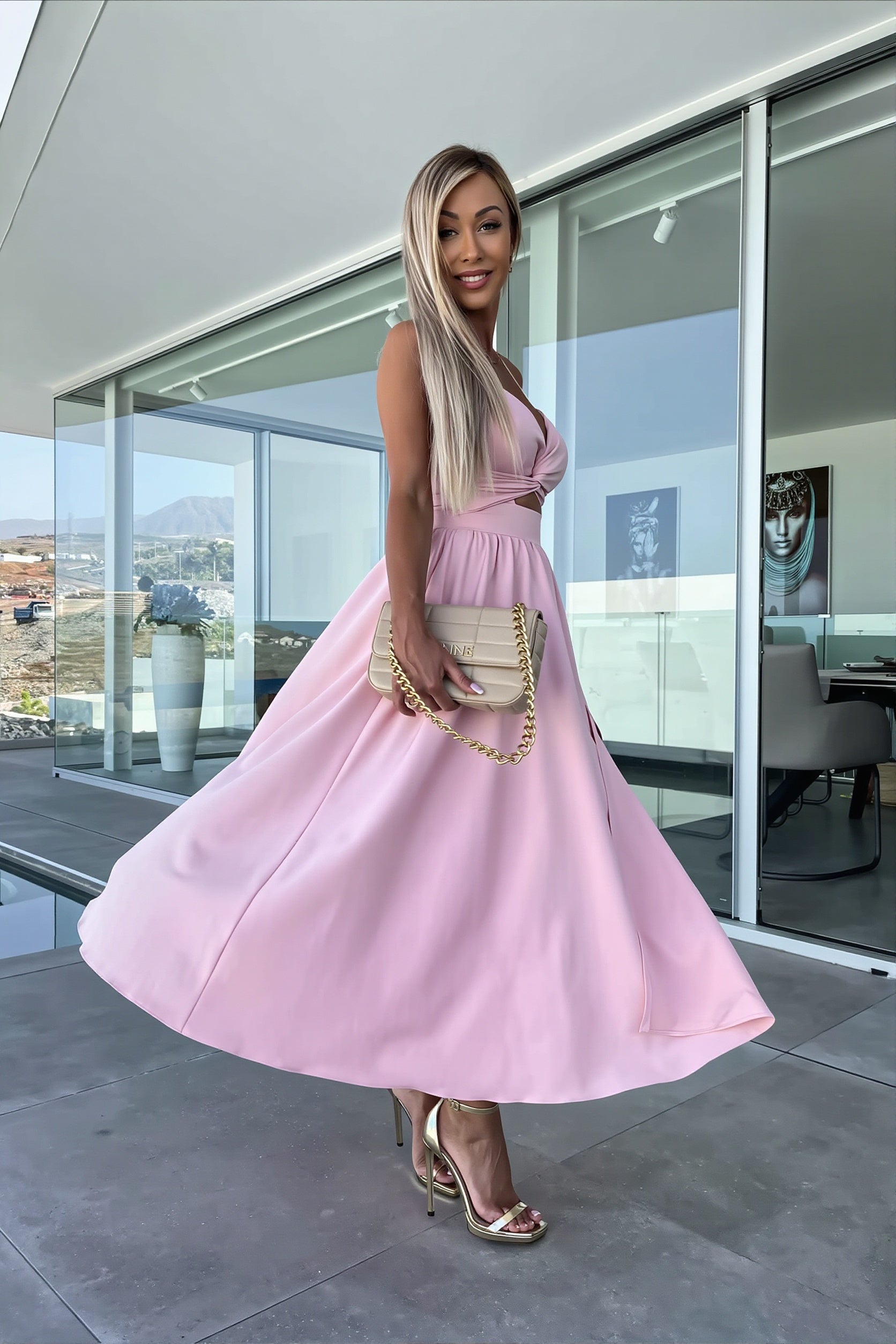 Solid Deep V Cut Out Cami Swing Slit Maxi Dress