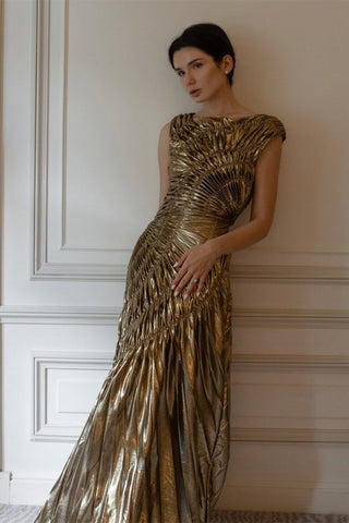 Vestido midi plisado metalizado Camila 
