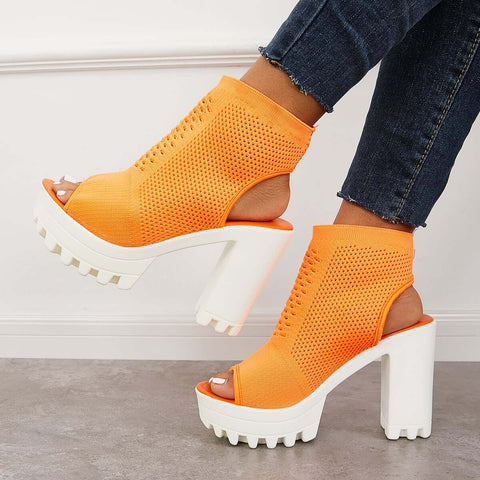 Mesh Peep Toe Platform Chunky High Heels Slingback Sandals