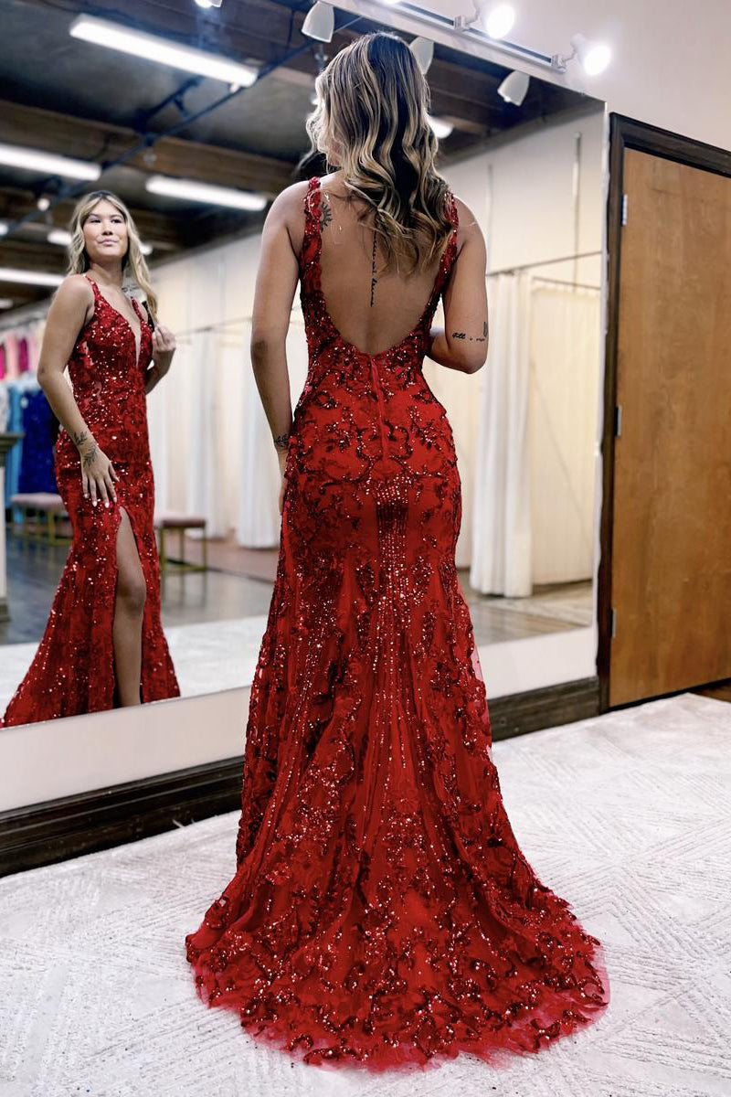 Meerjungfrauen-Abendkleid aus Paillettenspitze mit V-Ausschnitt und Schlitz
