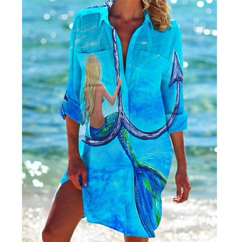 Bikini Coat Swimsuit Cardigan Women's Printed Holiday Beach Shirt