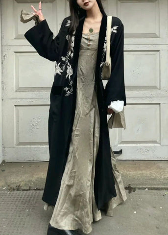 New Black Embroideried Cozy Cotton Long Cardigan Long Sleeve