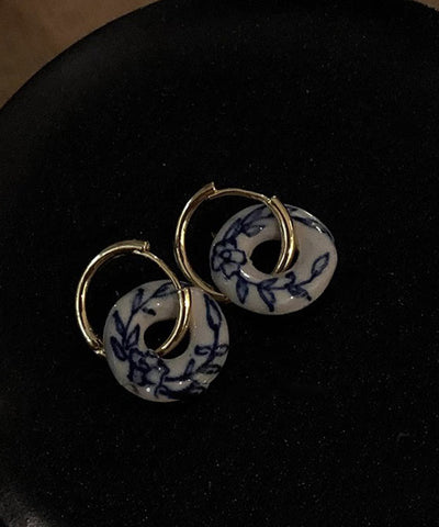 Vintage Gold Kupfer Overgild Keramik Floral Creolen 