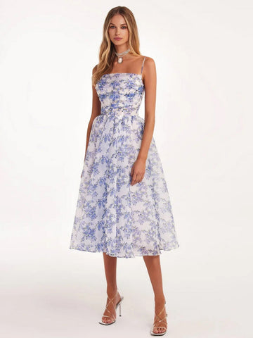 Vestido floral con tirantes finos, espalda descubierta, con cordones, para fiesta de cumpleaños, midi 