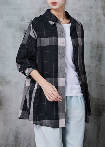 Boho Schwarz Oversized Plaid Baumwollhemd Tops Frühling 