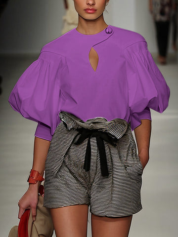 Half Sleeves Loose Buttoned Elasticity Hollow Pleated Solid Color Split-Joint Round-Neck Blouses&Shirts Tops