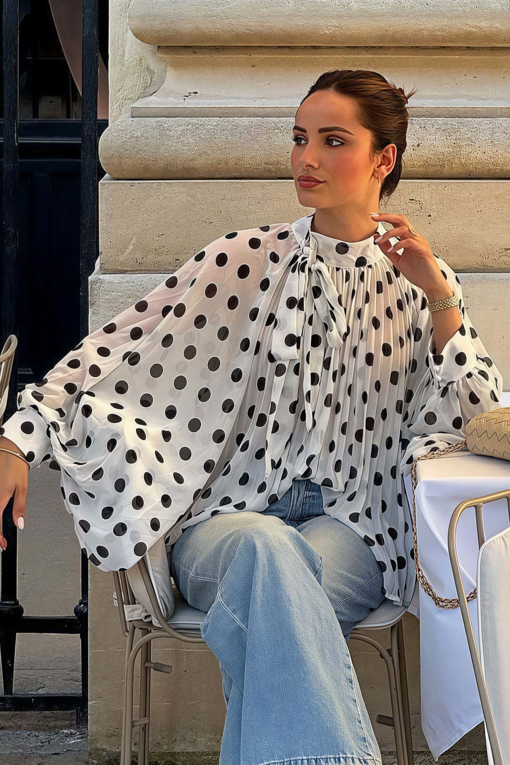 Polka Dot Tie Sheer Lantern Sleeve Blouse