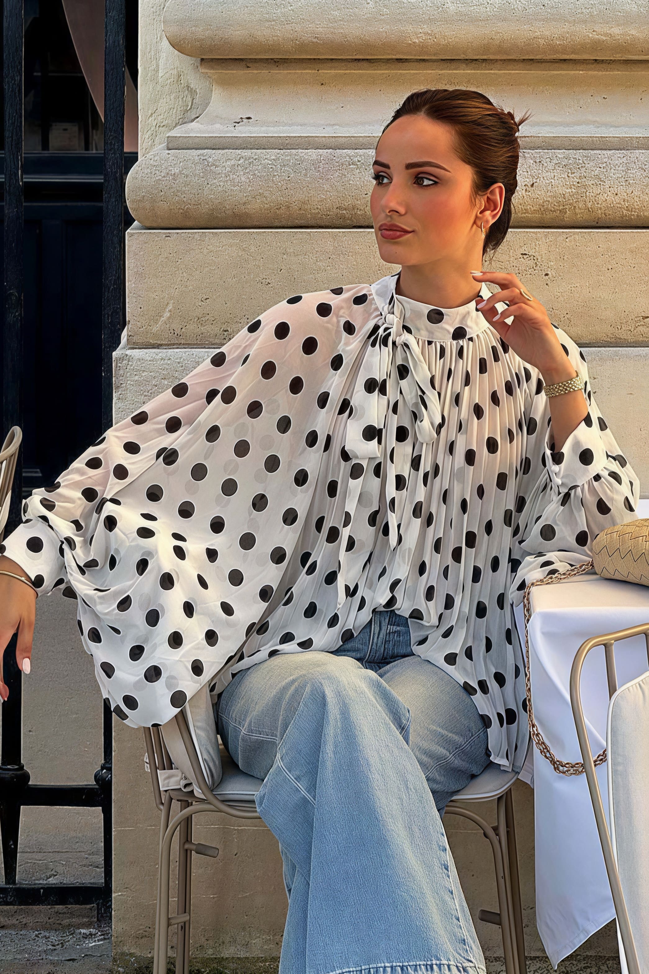 Polka Dot Tie Sheer Lantern Sleeve Blouse