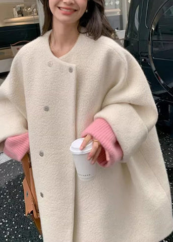 Elegante graue Wollmäntel mit O-Ausschnitt und langen Ärmeln 