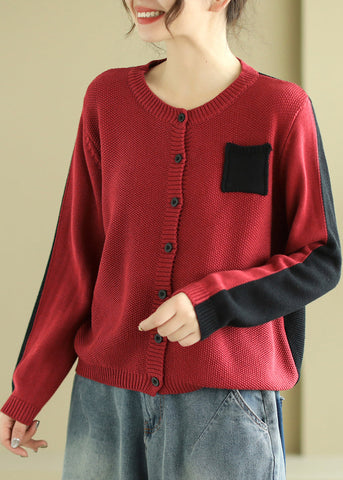 Cárdigan de punto con cuello redondo y botones de patchwork verde original para primavera 