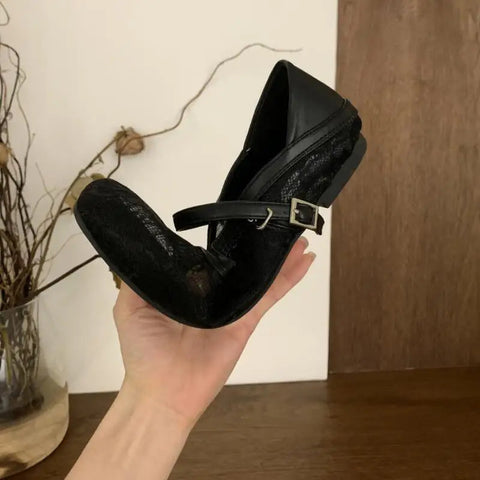 Lace Mary Jane Flats Shoes Women Summer Square Toe Mesh Shallow Shoes Buckle Strap Ballet Footwear Comfort Moccasins Shoes