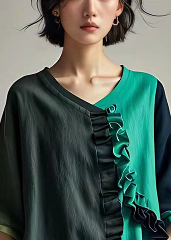 Elegante dunkelgraue Rüschen Patchwork Baumwolle Tops Armband Ärmel 