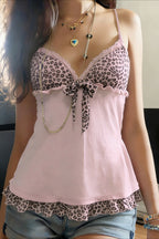Sweet Leopard Patchwork Bow Lace Cami Top