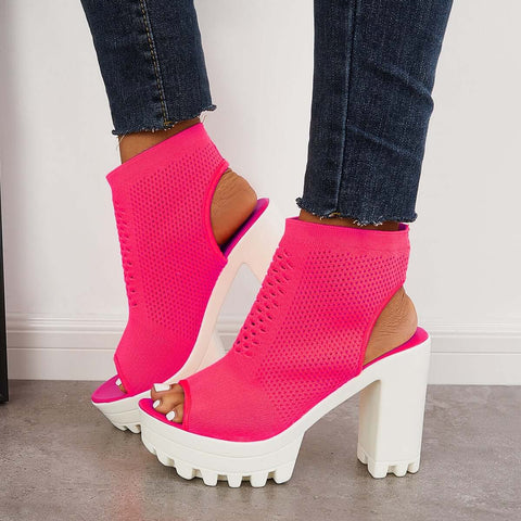 Mesh Peep Toe Platform Chunky High Heels Slingback Sandals