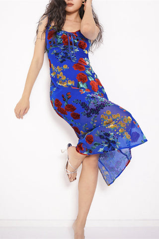 Vestido midi Julie de terciopelo floral con efecto desgastado y espalda descubierta 