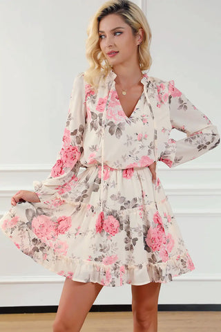 beige floral ruffle mini dress