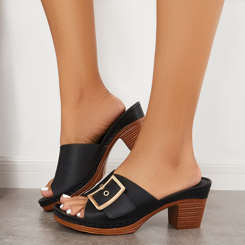 Buckle Decor Chunky Block Heel Mules Slide Sandals