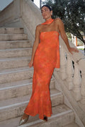Strapless Tie-Detail Floral Mesh Maxi Dress