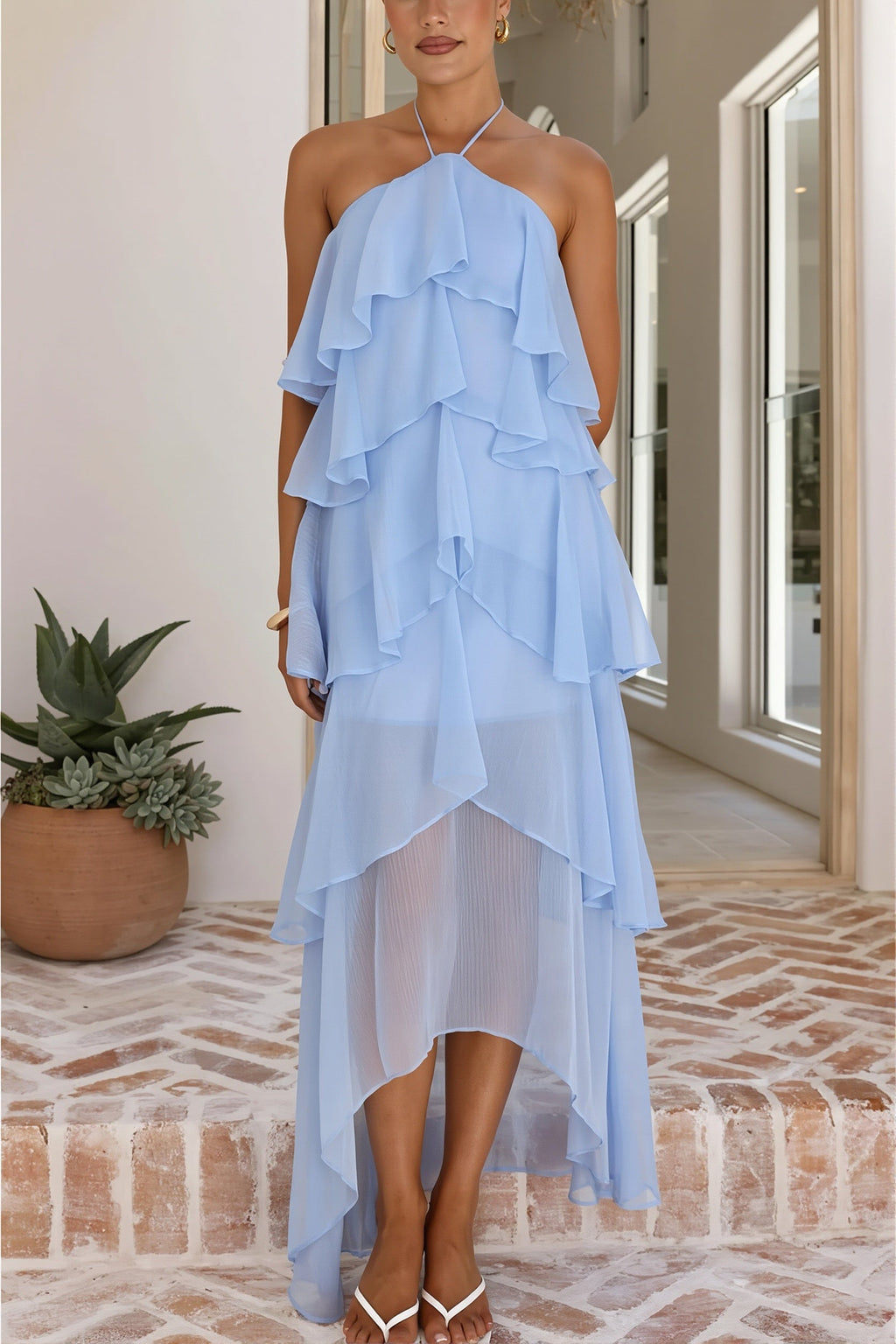 Tiered Ruffle Chiffon Print Maxi Dress