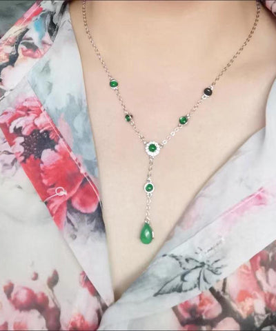 Neu Grün Sterling Silber Overgild Zirkon Jade Quaste Anhänger Halskette 