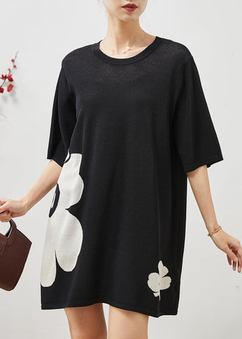 Minivestido elegante de algodón negro de gran tamaño con estampado floral para verano 