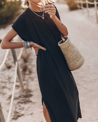 Simple and Effortless Open Sleeve Slit Oversized T-shirt Midi Dress