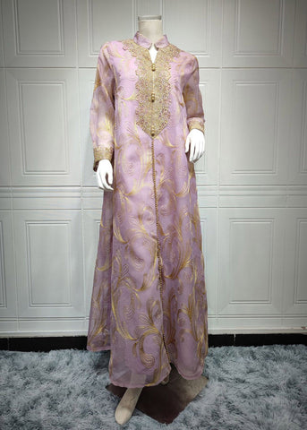 Fashion Light Purple Stand Collar Embroideried Floral Tulle Long Dress Fall