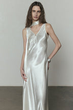 Simple Solid Satin V Neck Loose Maxi Dress