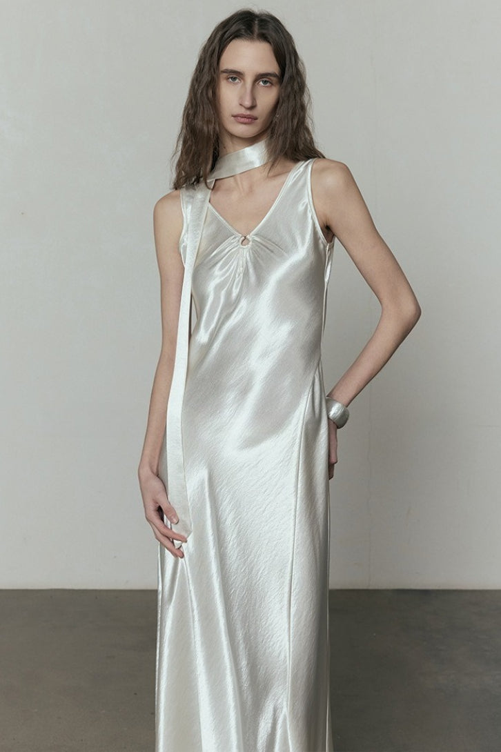 Simple Solid Satin V Neck Loose Maxi Dress