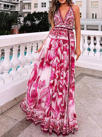 Vestido largo estampado de moda con cuello halter y espalda descubierta 