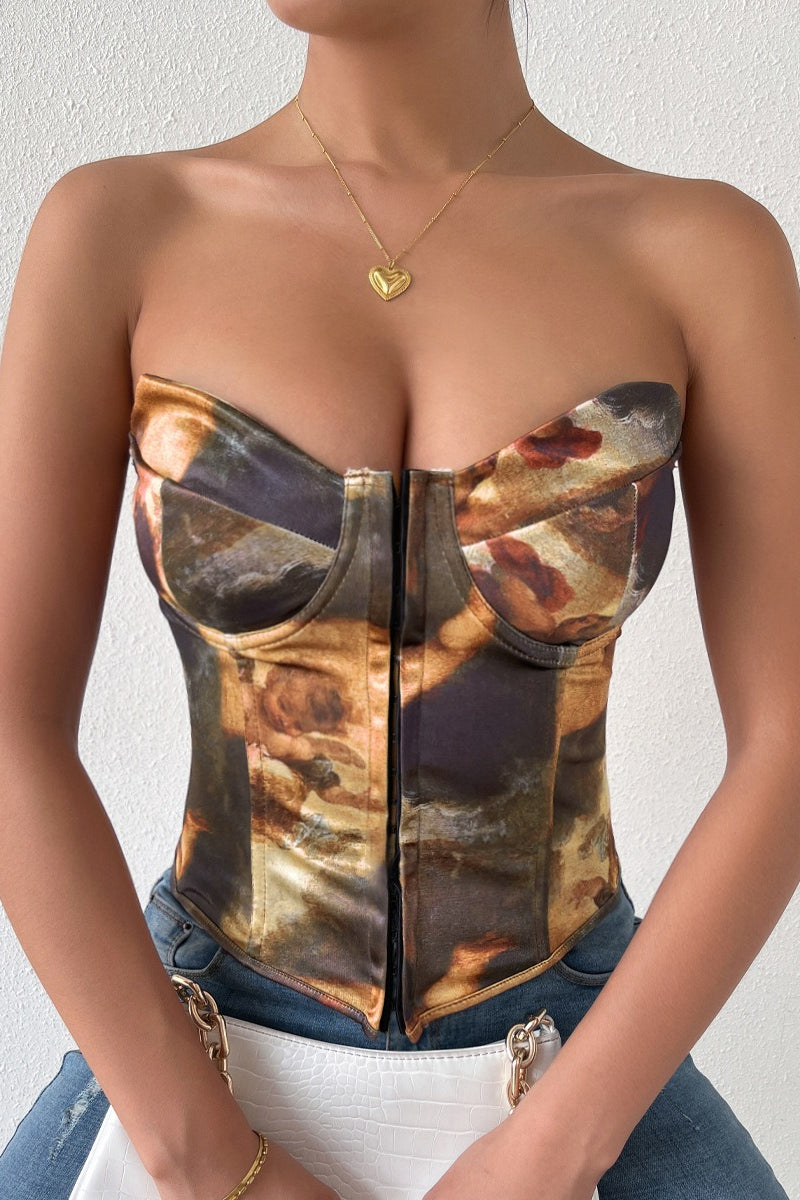 Sexy Color Block Backless Lace Up Boned Corset Blouse