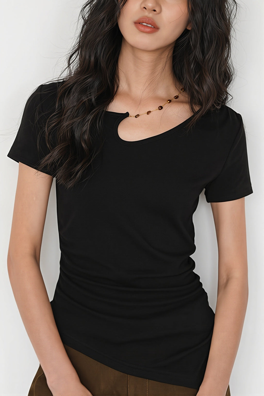 Solid Simple Beaded Hollow Neck T-Shirt