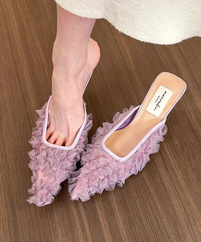 Sandalias de tul con tacón alto morado y punta puntiaguda 
