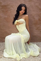 Solid Floral Patchwork Boned Tie Ruched Elegant Maxi Dress