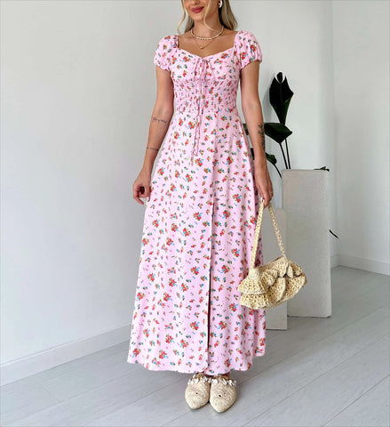 Vestido midi fruncido con estampado floral 