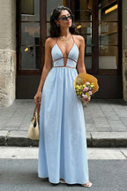 Deep V Neck Striped Backless Maxi Dress