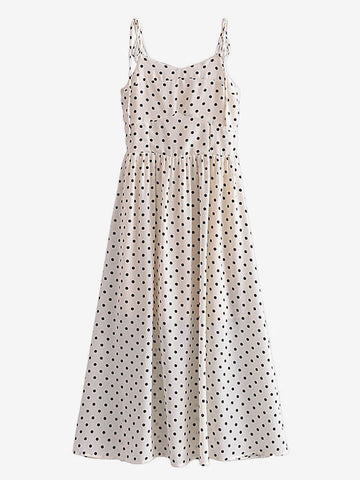 Vestido midi de verano blanco con tirantes y cuello plisado de lunares para playa 